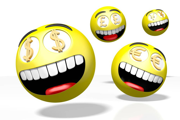 Emoticons für Währungen - Dollar, Euro, Pfund, Yen - 3D-Darstellung - Foto, Bild