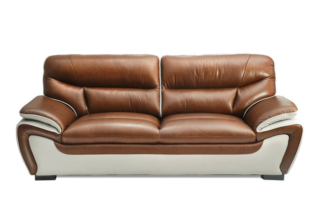 Banco de sofá de cuero marrón claro aislado sobre fondo blanco. Muebles showroom fotografía
 - Foto, Imagen