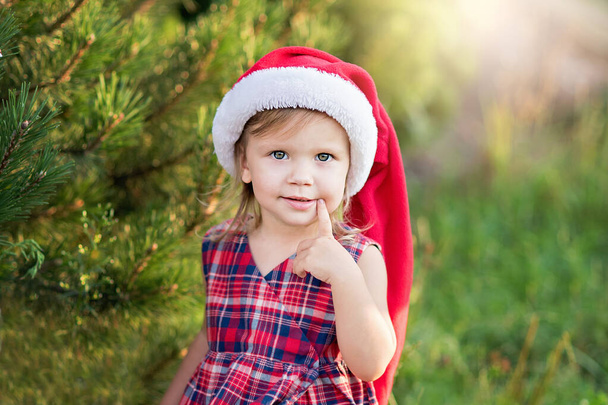 Child waiting for a Christmas in wood in juli. portrait of little children near christmas tree. girl decorating christmas tree with balls. - Foto, Imagen