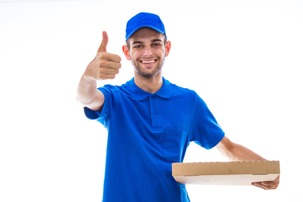 πίτσα delivery man απομονώνονται σε λευκό φόντο - Φωτογραφία, εικόνα