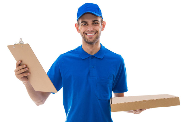 pizza delivery hombre aislado sobre fondo blanco
 - Foto, Imagen