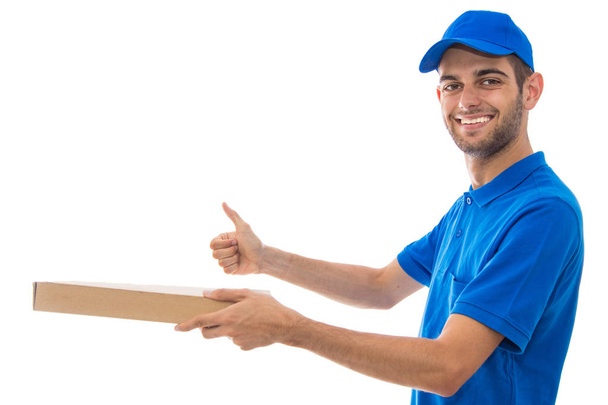 pizza delivery man portrait isolated on white background - Zdjęcie, obraz