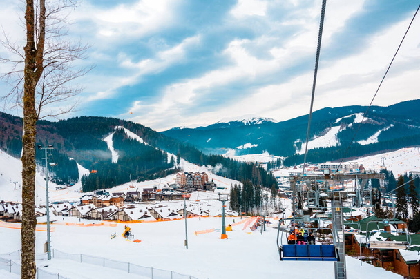 Ski lifts of holiday complexes. In the Carpathians, winter landscape. - Photo, Image