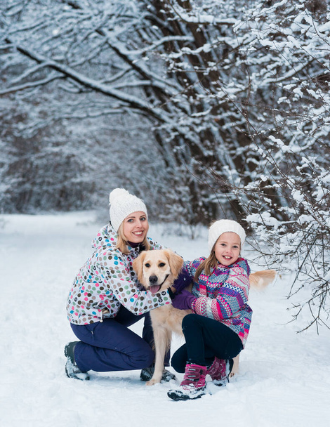 Rodina hraje se svým domácím mazlíčkem na vánoční prázdniny v zamrzlém lese - Fotografie, Obrázek