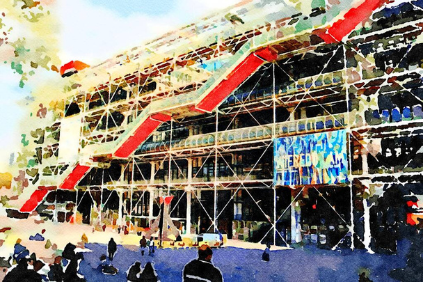 aquarela de uma fachada do centro pompidou em Paris
 - Foto, Imagem