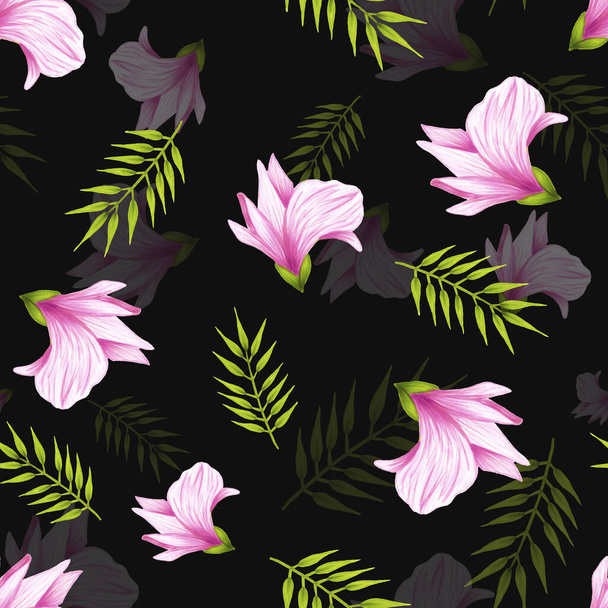 Płynny wzór ręcznie rysowane miękkie różowe alstroemeria kwiat dżungli na czarnym tle. Dekoracyjny egzotyczny element tropikalny do kart zaproszeń, tekstyliów, nadruków i wzorów. - Zdjęcie, obraz