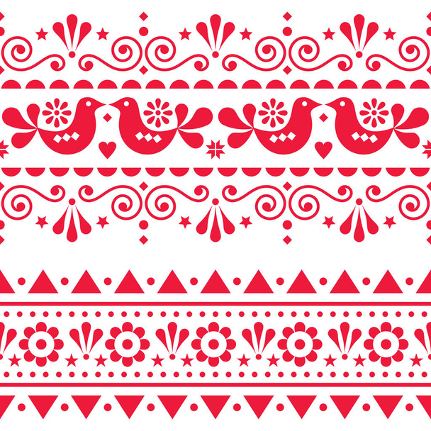 Scandinavian folk seamless vector long pattern, repetitive floral cute Nordic design with birds in red on white background - Vector, Image