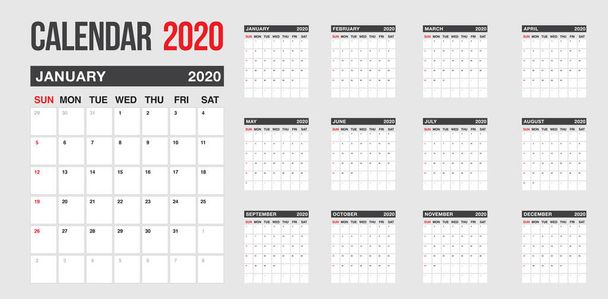 Календарь 2020. Неделя начинается воскресенье корпоративный дизайн планировщик шаблон. Шаблон векторного дизайна
 - Вектор,изображение