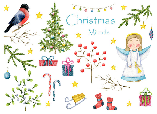 Big watercolor set "Christmas Miracle". Christmas angel,cute bullfinch, tree, mistletoe, sprig of viburnum, gifts, stars, stockings, lanterns, sleds and Christmas tree decorations isolated. - 写真・画像