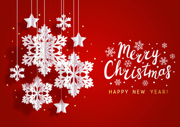 Cartão de felicitações de Natal com flocos de neve de papel e estrelas no fundo vermelho
  - Vetor, Imagem