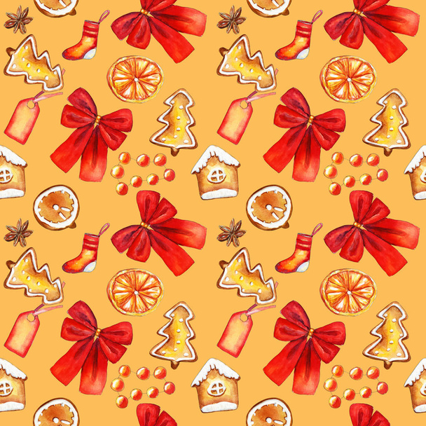 Bright christmas seamless pattern with bakery and decorations on yellow - Foto, Imagem