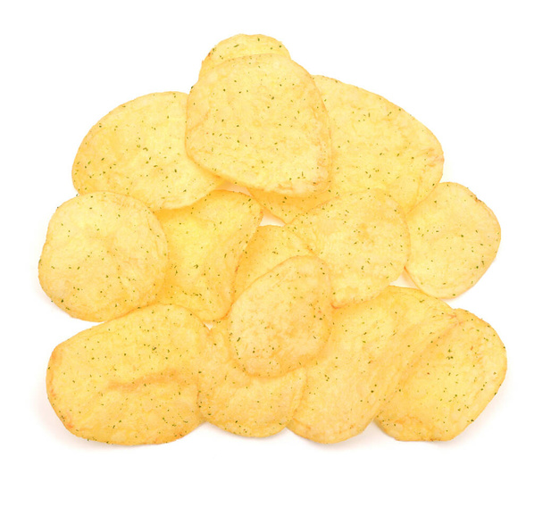 Картофельные чипсы на белом фоне. Сельское хозяйство Плоский лежал
 - Фото, изображение