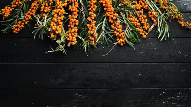 Sea buckthorn berries on black wooden background. Top view. Free space for your text. - Foto, Imagen
