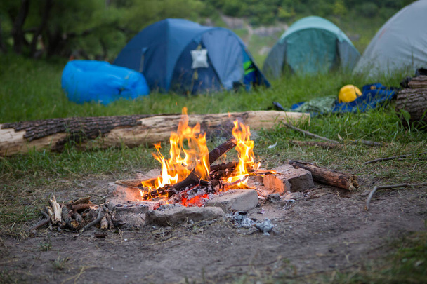 夏の日の森の中のキャンプ場とキャンプファイヤーの写真 - 写真・画像