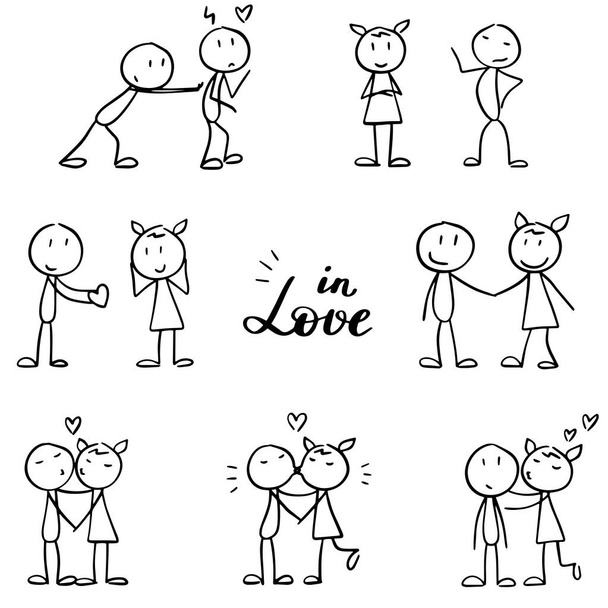 Stick figures set. Falling in love and loving each other, kissing couples. - Vector, Image