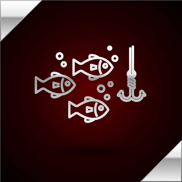 Серебряная линия Рыбалка крючок под водой с иконкой рыбы изолированы на темно-красном фоне. Рыболовные снасти. Векторная миграция
 - Вектор,изображение