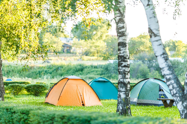 Tendas Área de acampamento em belo lugar natural com árvores e grama verde
 - Foto, Imagem