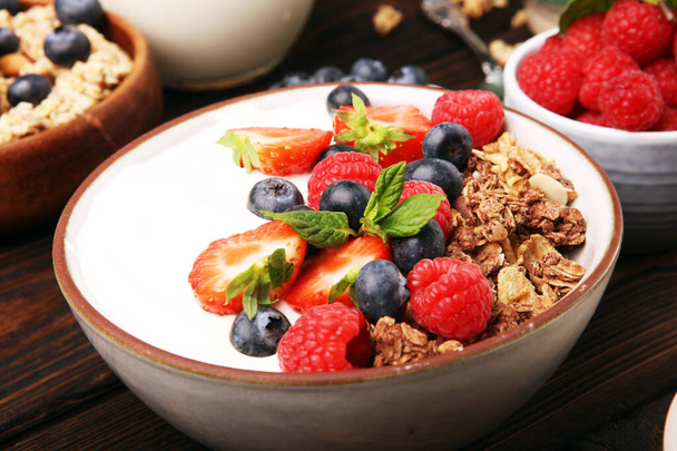 Tasty homemade granola served on table. Healthy breakfast with a - Fotografie, Obrázek