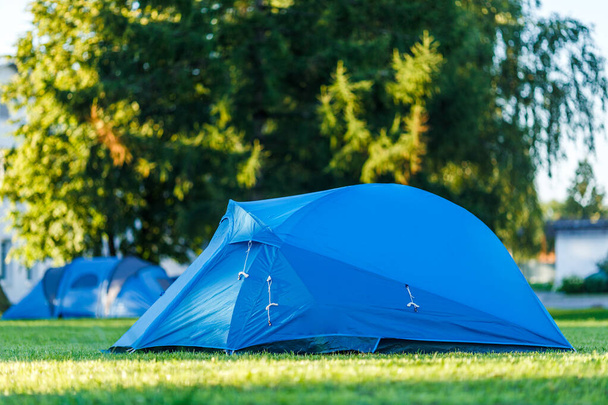 Tendas Área de acampamento em belo lugar natural com árvores grandes e grama verde
 - Foto, Imagem