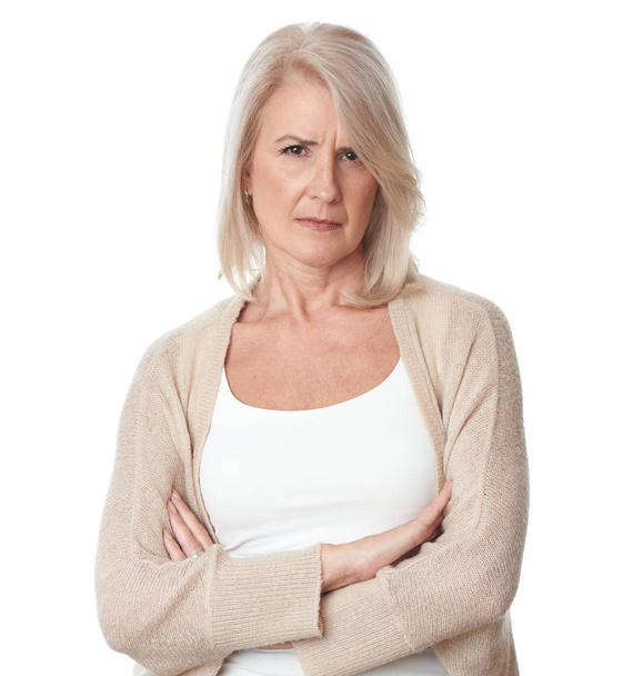 Angry senior blonde woman. Isolated on white - Foto, imagen