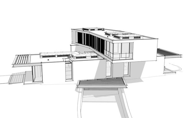3D απόδοση του σύγχρονου σπιτιού στο λόφο με μαύρη γραμμή στην πισίνα - Φωτογραφία, εικόνα