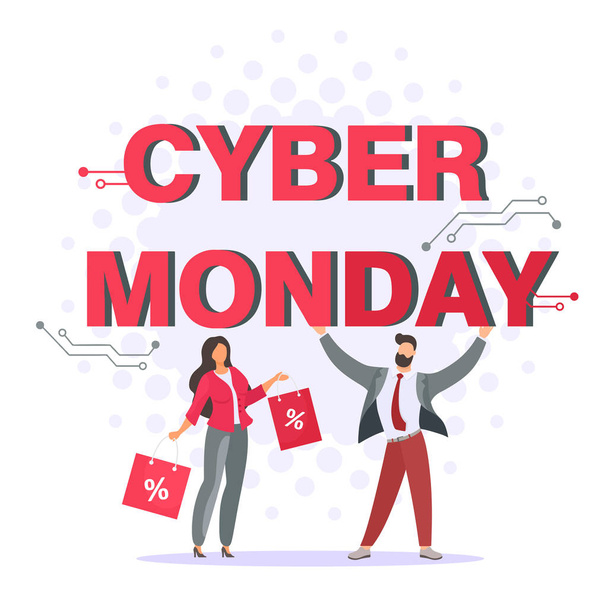 Illustration Cyber monday with tiny people and purchases. Vector concept in cartoon flat style. - Vector, Image