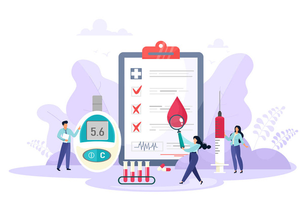 Tiny people, magnifier, test tubes, blood glucose meter, blood, doctors, syringe. Type 2 diabetes and insulin production concept vector. Cartoon flat style. - Vector, Image