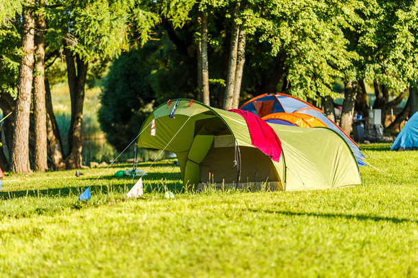 Палатки кемпинг в красивом природном месте с деревьями и зеленой травой
 - Фото, изображение