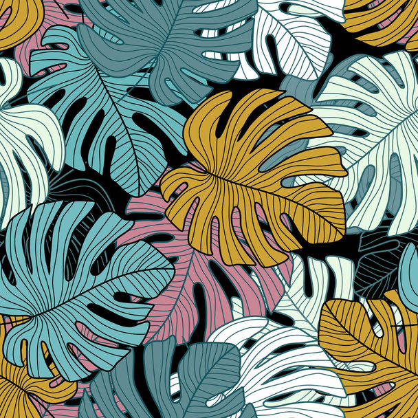 Tropical leaves seamless pattern on black background. - Vektör, Görsel