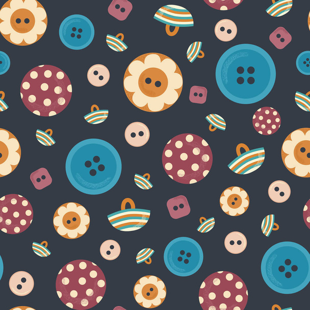 Colorful vector seamless repeat pattern with different buttons for fabric, scrapbooking and craft projects, gift wraps or wallpaper on dark grey background. - Vector, Image