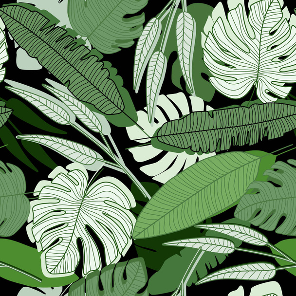Jungle palm leaf seamless pattern on black background. - Vettoriali, immagini