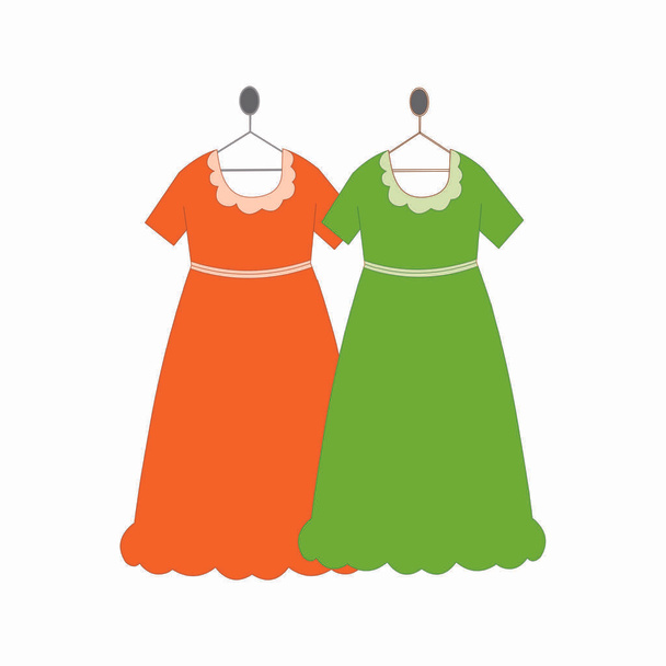 Оранжевое и зеленое женское платье с вешалкой - Векторное изображение мультфильма
 - Вектор,изображение
