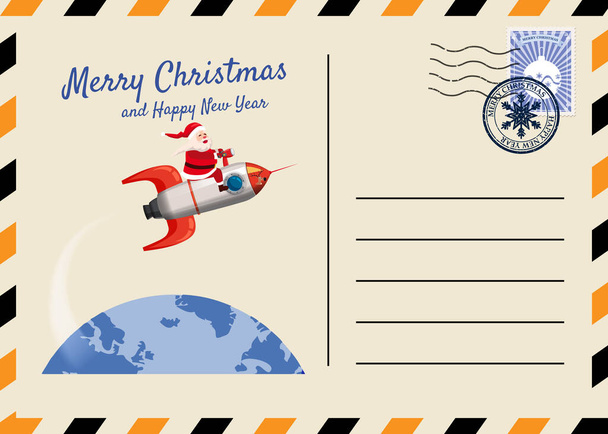Noël et Nouvel An Carte postale avec timbres et marque. La fusée du Père Noël vole dans le ciel nocturne au-dessus de la Terre. Bannière d'affiche de carte de vœux d'illustration vectorielle de style dessin animé plat
 - Vecteur, image