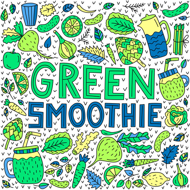 Zelený koktejl. Vektorové písmo s doodle ilustracemi  - Vektor, obrázek