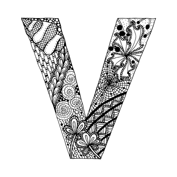 Zentangle stylized alphabet. Letter V in doodle style. Hand drawn sketch font, vector illustration for coloring page, tattoos, makhendas or decoration.  - Vektori, kuva