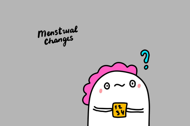 Menstruele veranderingen hand getekend vector illustratie met schattige cartoon komische vrouw met kalender depressie symptoom - Vector, afbeelding