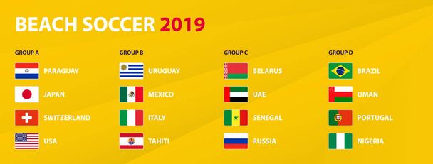 Beach Soccer participations flags sorted by groups on yellow abstract background. - Vector, Image