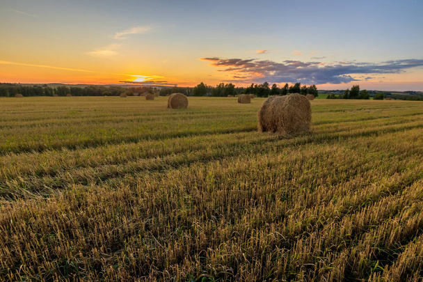 Haystacks en el campo en temporada de otoño
. - Foto, imagen