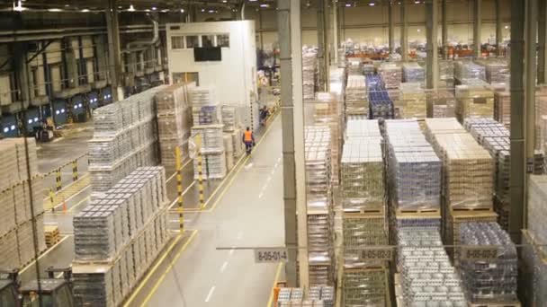 finished goods warehouse with stacks of packaged beer tins - Footage, Video