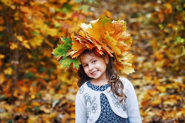 Portrait of a little girl in the autumn Park, a girl with a wreath of maple leaves . - Fotoğraf, Görsel