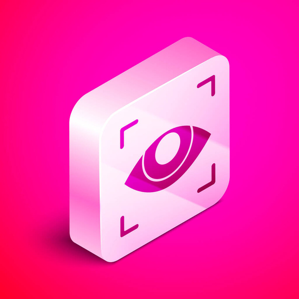 Icono de exploración ocular isométrica aislado sobre fondo rosa. Ojo escáner. Comprobación de seguridad. Signo cibernético. Botón cuadrado plateado. Ilustración vectorial
 - Vector, Imagen