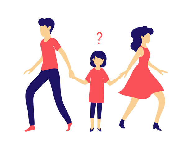 Husband and wife get divorced. A child chooses between dad and mom. Conflicts in the family and court in the case of parental rights and guardianship. - Vector, Image