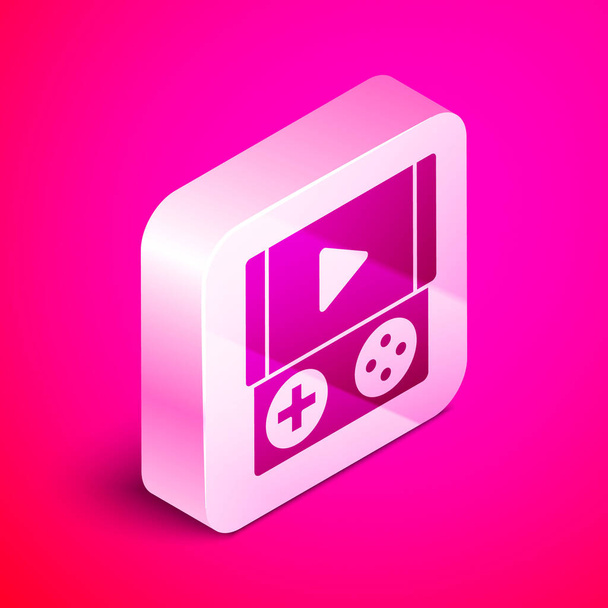 Ισομετρική φορητή κονσόλα βιντεοπαιχνιδιών που απομονώνεται σε ροζ φόντο. Σύμβολο του Gamepad. Σχέδιο παιχνιδιού. Ασημένιο τετράγωνο κουμπί. Εικονογράφηση διανύσματος - Διάνυσμα, εικόνα