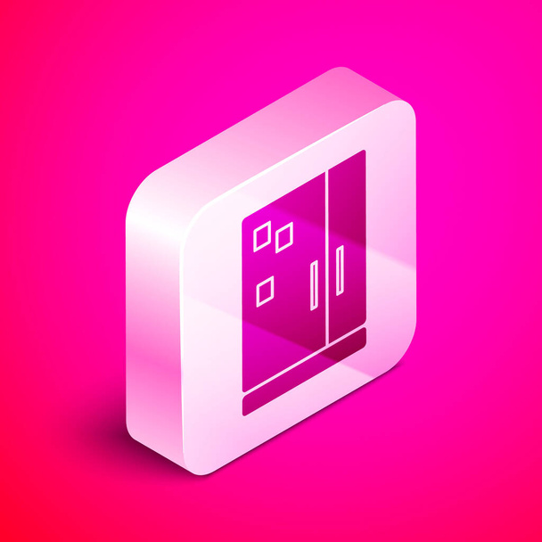 Isometric Refrigerator icon isolated on pink background. Fridge freezer refrigerator. Household tech and appliances. Silver square button. Vector Illustration - Vector, Image