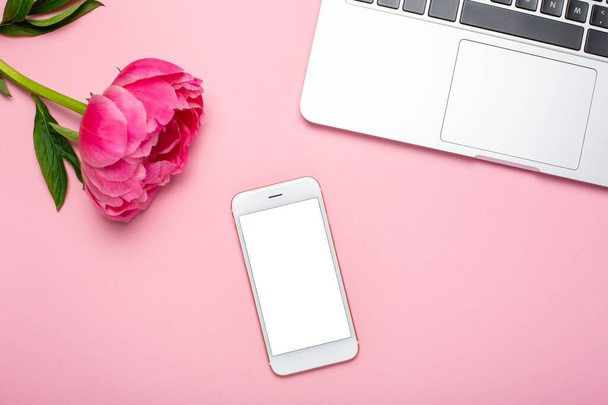 Telefone celular simular e flor de peônia na mesa de pastel rosa em estilo flat lay. Mesa de trabalho da mulher
. - Foto, Imagem