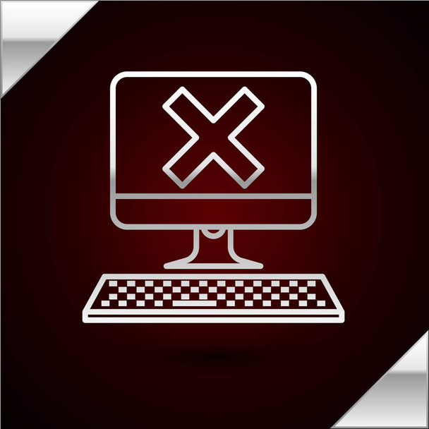 Silver line Computer with keyboard and x mark icon isolated on dark red background. Error window, exit button, cancel, 404 error page not found concept. Vector Illustration - ベクター画像