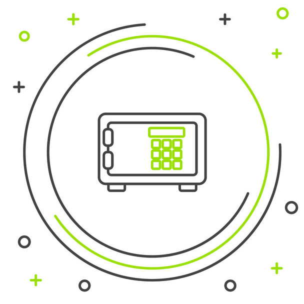 Černo-zelená čára bezpečná ikona je izolovaná na bílém pozadí. Dveře jsou bezpečné pro bankovní trezor s kombinační zámkem. Spolehlivá ochrana dat. Koncept barevného obrysu. Vektorová ilustrace - Vektor, obrázek