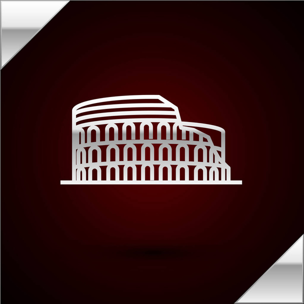Silver line Κολοσσαίο στη Ρώμη, Ιταλία εικόνα απομονώνονται σε σκούρο κόκκινο φόντο. Σημάδι κολοσσαίου. Σύμβολο της Αρχαίας Ρώμης, μονομάχος παλεύει. Εικονογράφηση διανύσματος - Διάνυσμα, εικόνα