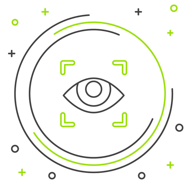 Línea negra y verde Icono de exploración ocular aislado sobre fondo blanco. Ojo escáner. Comprobación de seguridad. Signo cibernético. Concepto de esquema colorido. Ilustración vectorial
 - Vector, Imagen