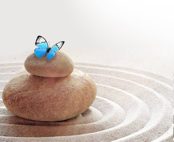zen kert meditációs kő háttér és pillangó kövekkel és vonalakkal a homokban a relaxációs egyensúly és harmónia spiritualitás vagy spa wellness - Fotó, kép